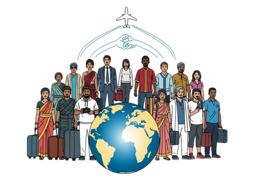 Diverse group of people with luggage around the globe, ready for international travel isolated on transparent background