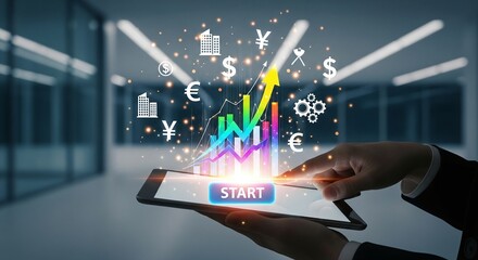 Investment Growth Chart on Tablet with Currency Symbols and Business Icons showcasing Financial Success and Investment Strategies for Modern Businesses