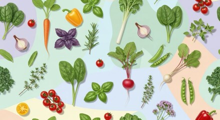 Fototapeta premium Vibrant Illustrated Medley of Fresh Vegetables and Herbs on a Pastel Geometric Backdrop