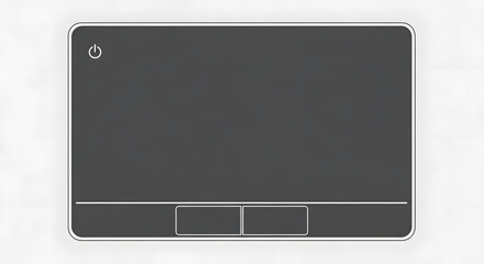 Top-down view of a sleek, dark grey trackpad peripheral with a metallic border and physical buttons for cursor control on a white background