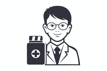 Smiling Doctor Holding Medicine Bottle in Minimalist with White Background