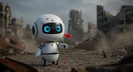  Cute robot offering flower in post-apocalyptic wasteland, contrast of innocence and destruction in emotional robotic empathy and dystopian recovery theme