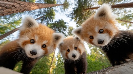 Obraz premium Outdoor photography of an adorable group of red pandas looking down into the camera, perspective from below, wide angle lens, surrounded by a dense green forest, soft natural daylight, cinematic