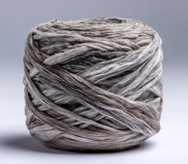 A ball of textured, light gray and taupe yarn