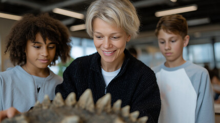 Science teacher demonstrating model while students observe engagement
