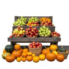 Farmer’s market stall with apples, pumpkins, and squash, urban harvest theme, isolated background
