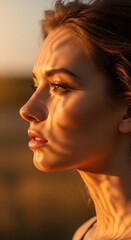 A thoughtful woman's profile bathed in the warm glow of golden hour sunlight, intricate shadows highlighting her serene expression and natural beauty, evoking quiet contemplation