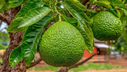 Zesty Citrus: This close-up captures a vibrant pomelo hanging from a tree, its warmth and glow evoking feelings of freshness and natural goodness in the sunlight