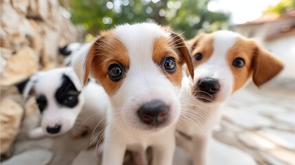 Outdoor photography of an adorable group of puppies looking down into the camera, perspective from below, wide angle lens, surrounded by a farmyard, soft natural daylight, cinematic lighting, ultra