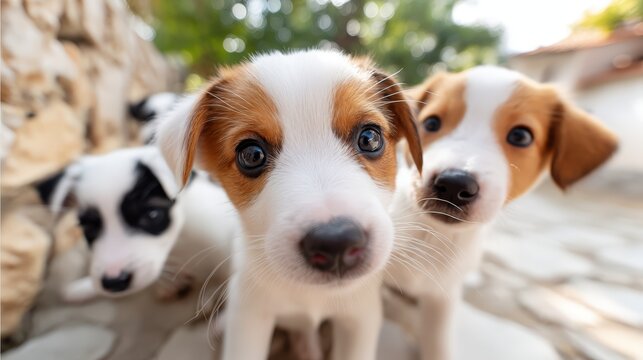 Outdoor photography of an adorable group of puppies looking down into the camera, perspective from below, wide angle lens, surrounded by a farmyard, soft natural daylight, cinematic lighting, ultra