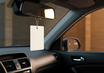 A blank car air freshener hangs in the interior, ready to be personalized with a unique design or fragrance