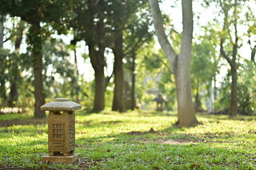 Fototapeta premium Scenic view of Chiayi Park featuring well-maintained green lawn with tall mature trees, dappled sunlight creating peaceful natural landscape in Taiwan.