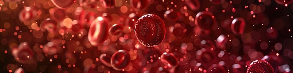 Fototapeta premium A close-up view of red blood cells suspended in a dark, bokeh-filled background, creating a dramatic and abstract visual representation of the circulatory system.