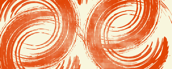 Grainy orange spiral and curly brush stroke with spray texture. Vector grunge texture with brush drawn squiggles,