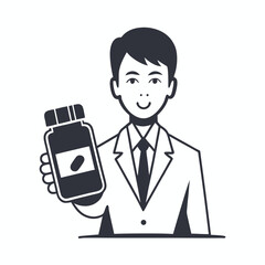 Smiling Asian Doctor Holds Pill Bottle Simple on White Background, Medical Professional
