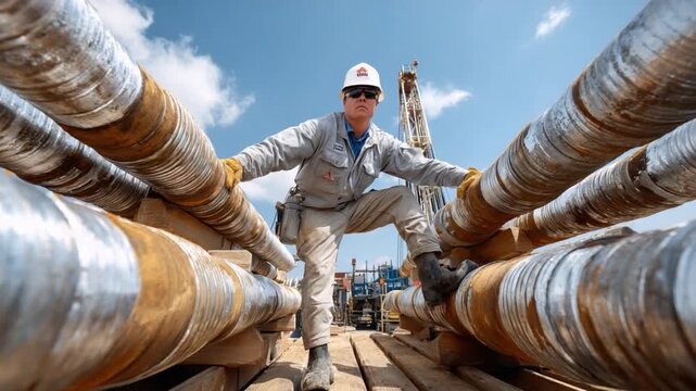 The Oil Worker and Tubes: A determined worker navigates an industrial maze of massive pipes, demonstrating unwavering dedication to their job in a testament to the power of industry.