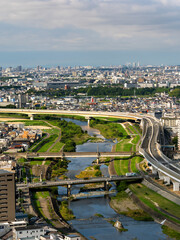 Fototapeta premium 鮮やかな緑が広がる夏の猪名川河川敷と街の風景