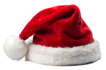 Photo of red fluffy santa hat isolated on transparent background, a festive symbol of christmas and holiday celebrations, perfect for winter season greetings and new year cheer