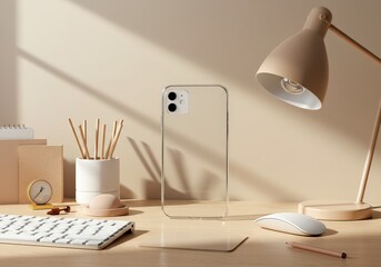A clear phone case is displayed on a modern desk with a keyboard, mouse, and lamp in a minimalist office setting
