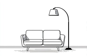 Simple line drawing of a sofa and floor lamp