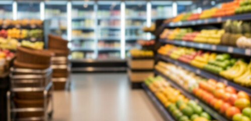 Supermarket aisle with shelves stocked with fruits and vegetables in blurred view, displaying colorful produce, grocery items, and bright retail environment.