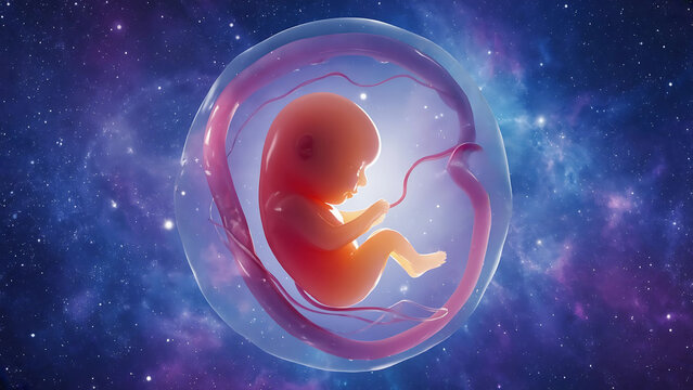 A fetus inside a womb, Human fetus floats peacefully with umbilical cord in amnion sac. Pregnancy, Prenatal growth, The beginning of human life concept