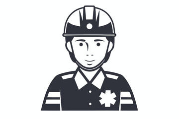 Outline Style Firefighter in Helmet Smiling on White Background Icon Style