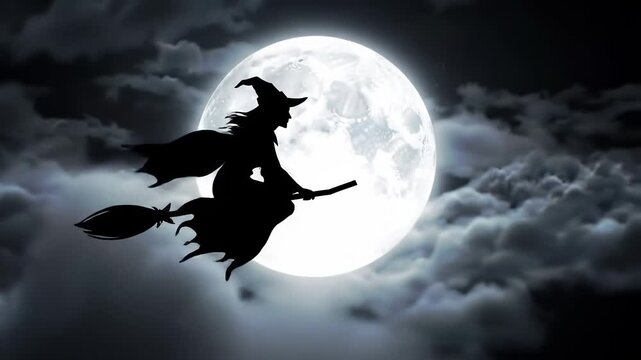 Spooky halloween fotage of a witch silhouette flying across a cloudy night sky with a full moon.