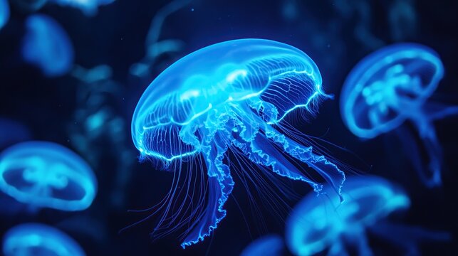A mesmerizing underwater scene showcases a vibrant jellyfish glowing intensely against a dark blue background, surrounded by other jellyfish.