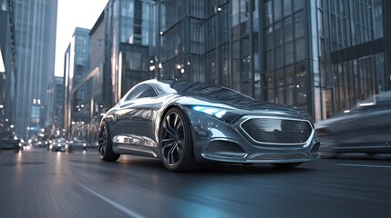 Modern Luxury Car Driving Through City Streets at Dusk