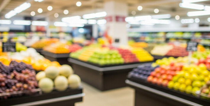 Fruit and vegetables displayed in a supermarket produce section with blurred background, featuring fresh colorful items arranged neatly on bright grocery shelves.