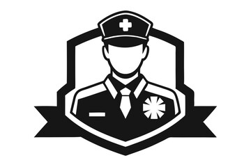 Paramedic Badge Symbol with Hat in Vector, Monochrome Design on White Background