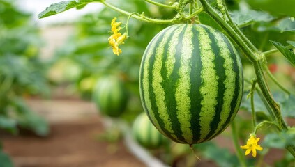The vine holds a ripe watermelon, its green rind a distinguishing feature, as it waits to be harvested, symbolizing the sweetness of summer