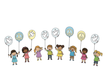 Diverse group of happy children holding peace symbol balloons isolated on transparent background