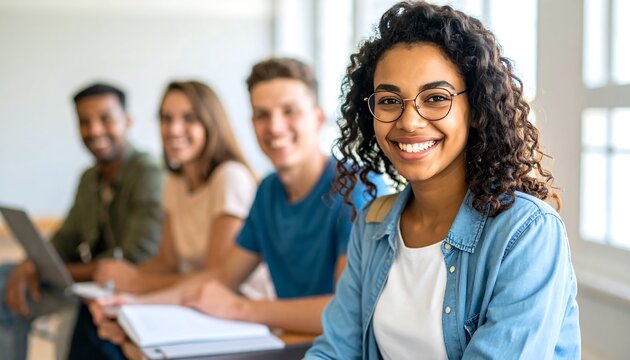 Group of students smiling in a classroom setting.
