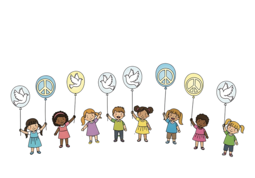 Diverse group of happy children holding peace symbol balloons isolated on transparent background