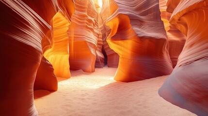 A stunning photograph captures the vibrant sandstone walls of Antelope Canyon, bathed in warm, golden light, creating a dramatic and otherworldly atmosphere.