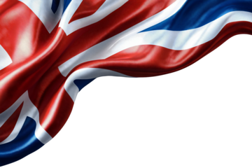 Flowing union jack british flag, transparent background, realistic fabric texture and vibrant red white blue patriotic colors.