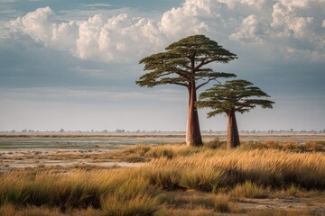 Fototapeta premium Two baobab trees stand sentinel over a vast, dry landscape