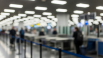 Obraz premium Blurred image of people at an airport security checkpoint under bright overhead lights, capturing the tension, routine, and flow of modern air travel experiences.