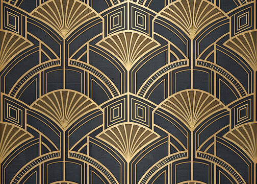 Fototapeta Geometric art deco wallpaper with embossed symmetrical patterns, gold accents. Intricate line design, luxurious vintage ornate style. Refined architecture, classic repeating seamless motif. Abstract