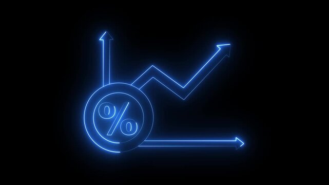 glowing neon Percent growth chart icon animation on black background. Neon Business and Financial Progress Symbol. financial growth chart icon with upward arrow and  Percent.