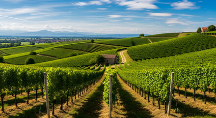 Idyllic vineyard landscape with rolling hills, lush green rows of vines, a quaint farmhouse, and distant mountains under a bright blue sky creating a serene rural vista evoking the spirit of