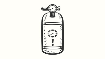 Oxygen Tank in Hand Drawn Style with Gauge and Warning Symbol on White Background