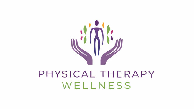 Illustration of a physical therapy and wellness logo with hands holding a human silhouette and leaves