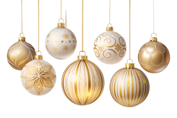 Photo of a group of seven elegant golden and white christmas ornaments with intricate patterns, hanging and sparkling, isolated on a transparent background, perfect for festive holiday decor