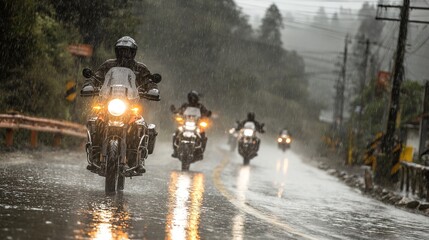 Bikers riding on a wet road in rain gear mountainous landscape action photography rainy environment dynamic viewpoint adventure concept