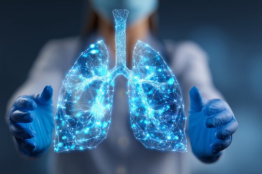 Doctor holds luminous digital lungs with network connections in gloved hands. Concept for respiratory research, pulmonary health analysis and thoracic surgery innovation