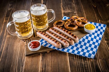 Traditional Oktoberfest Food with Pretzel, Sausages and Beer on Rustic Table