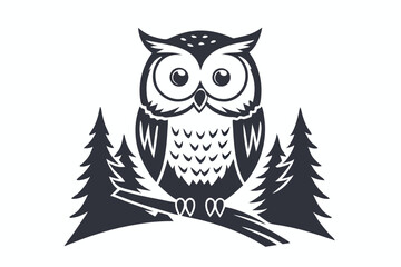 Owl Perched Branch with Pine Trees, Black Silhouette, Forest Design, White Background